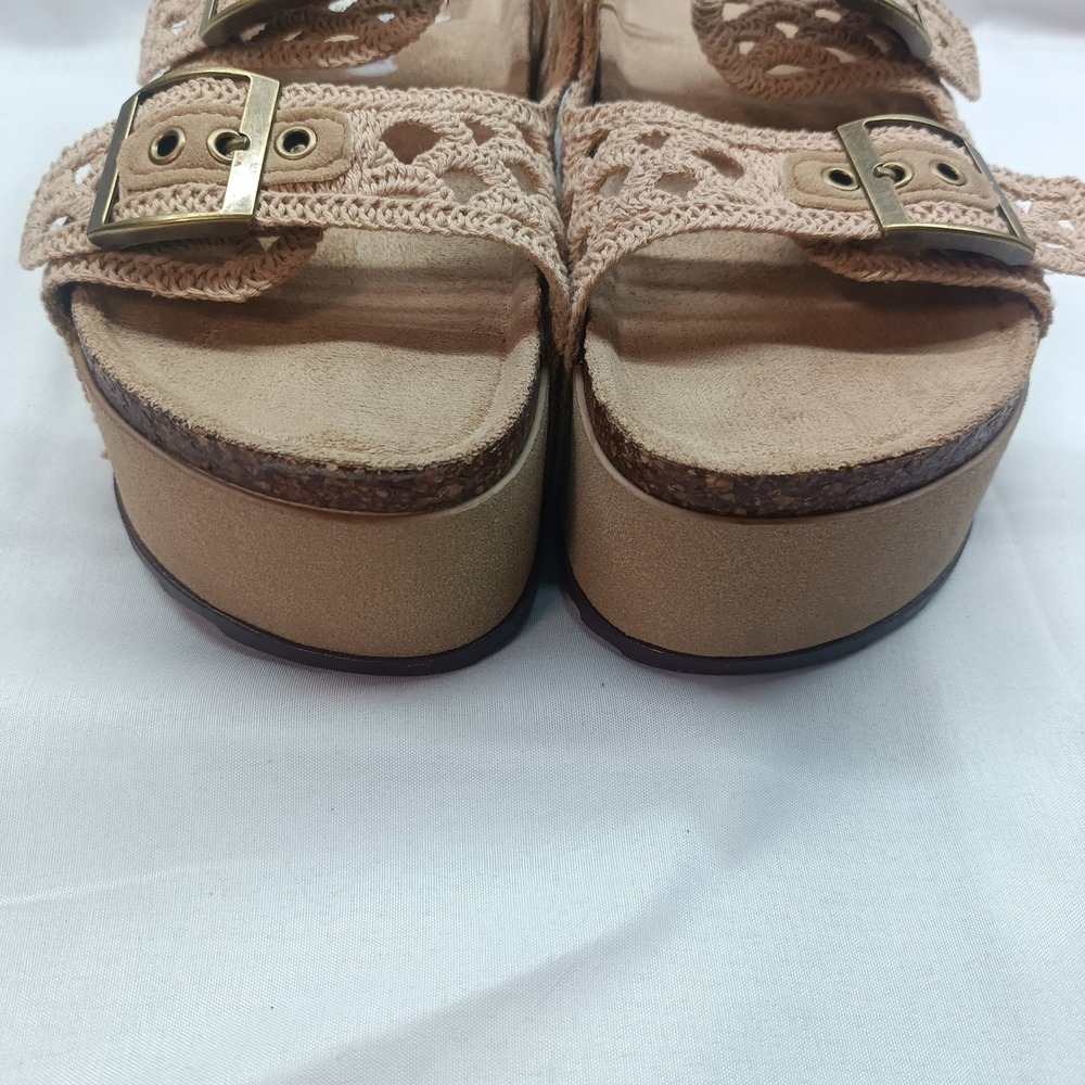 Madden Girl Crochet Double Strap Platform Sandals Tan Boho Buckle Slides 6.5 - Picture 2 of 8